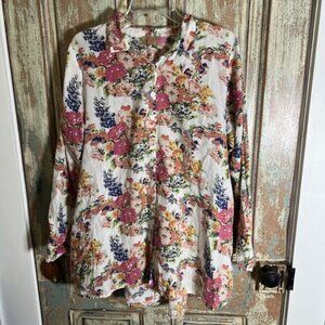 Tulip Women’s L 100% Cotton Floral Button Down Tunic Style Blouse With Pockets